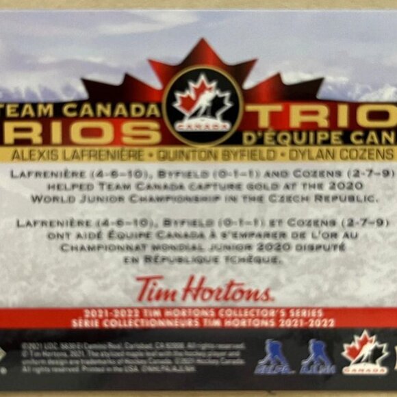 2021-22 Tim Hortons Team Canada Trios #T8 Lafreniere Byfield Cozens - Picture 2 of 2